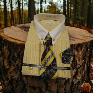 MEN'S KARL KNOX GOLD-WHITE BOX CHECK WITH COLLAR BAR COMBO SET. SX4500.